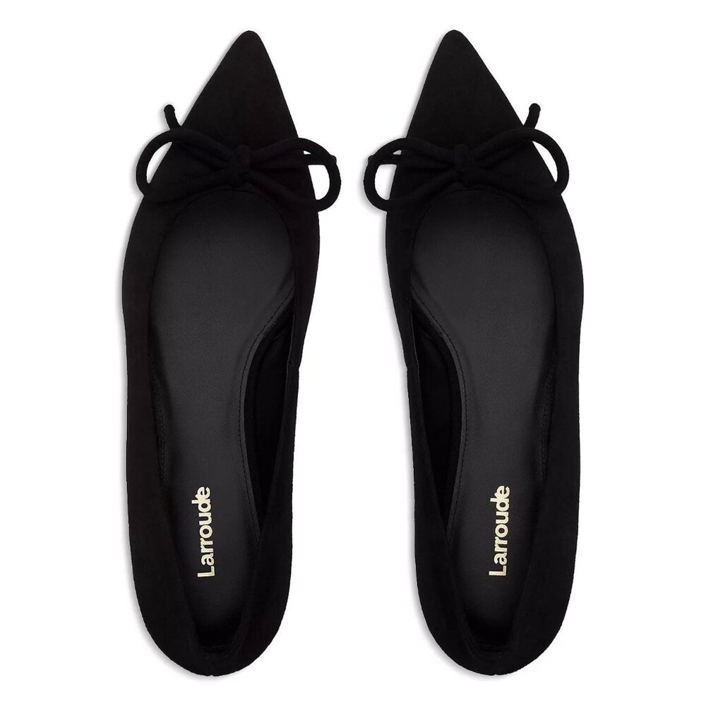 New Larroudé Lee Pointed Toe Suede Flats with Bow, Black, Size 7.5